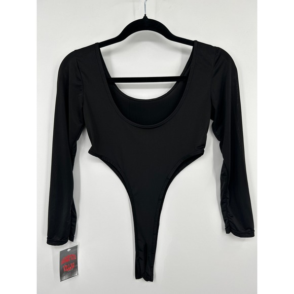 Tops - Black High Cut Long Sleeve Bodice Mesh Sleeve Bodysuit Small